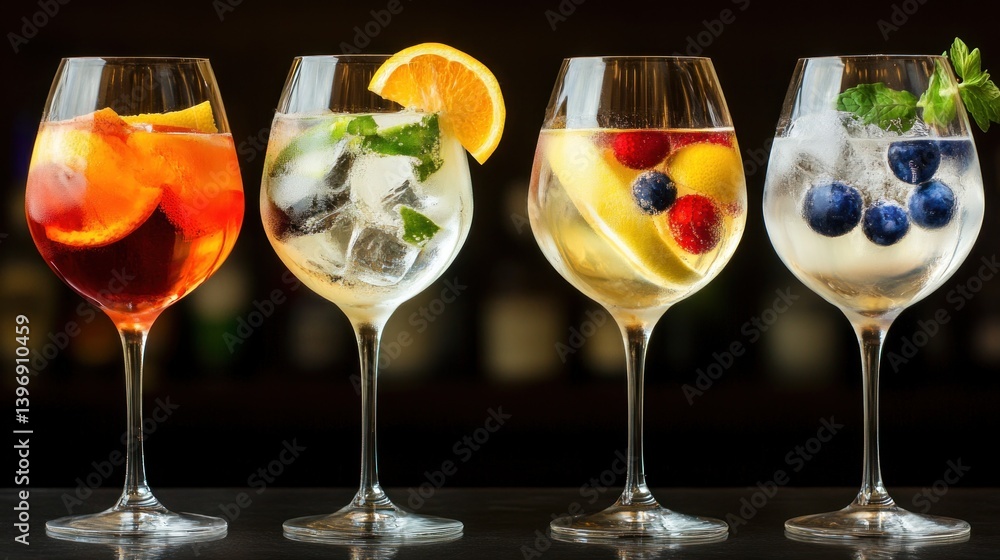 Refreshing Colorful Cocktails in Elegant Glassware with Fresh Fruits and Mint on a Dark Background Refreshing Colorful Cocktails in Elegant Glassware with Fresh Fruits and Mint on a Dark Background