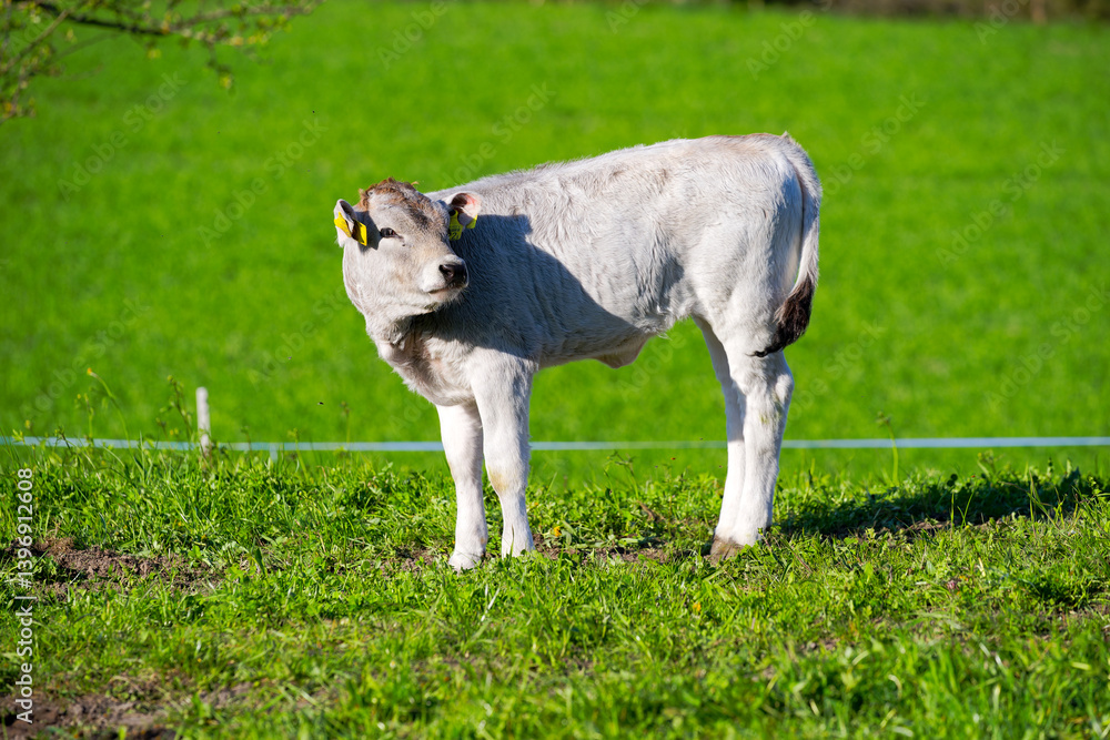 Fototapeta premium of breed Rätisches Grauvieh on meadow of Swiss farm at Swiss City of Zürich on a sunny spring afternoon. Photo taken April 9th, 2025, Zurich Schwamendingen, Switzerland.