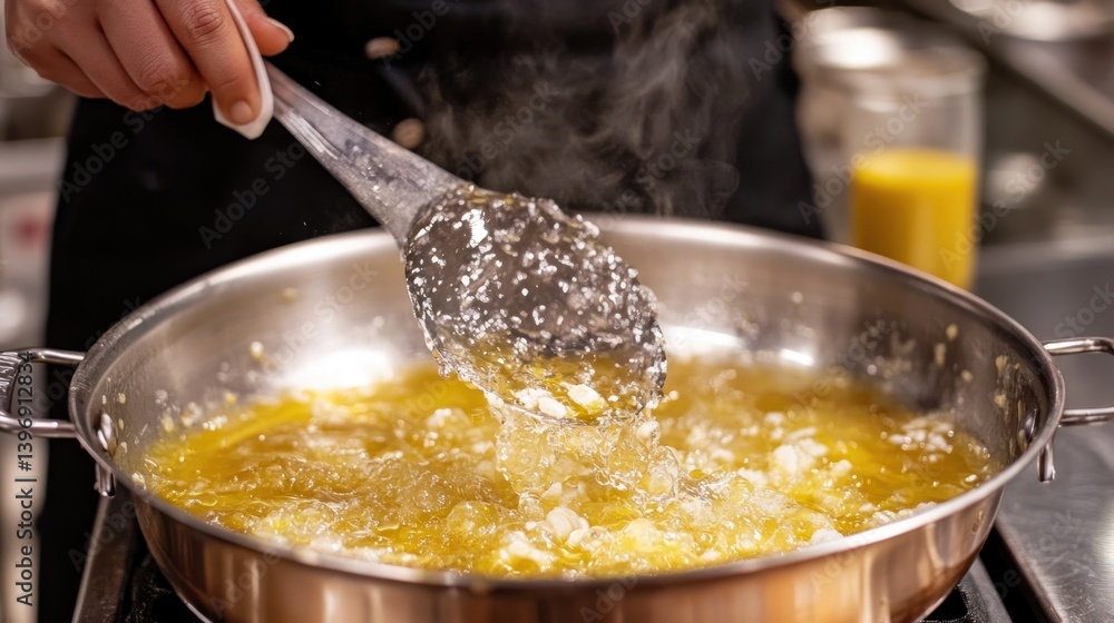 Close-Up of Stirring Ingredients in a Professional Kitchen, Cooking Process with Steam and Flavorful Oil Close-Up of Stirring Ingredients in a Professional Kitchen, Cooking Process with Steam and Flavorful Oil