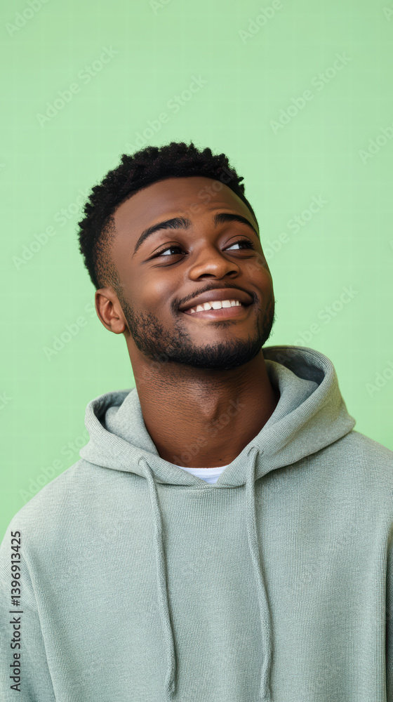 Fototapeta premium Radiant Outlook: A young man's cheerful demeanor and captivating gaze, set against a vibrant green backdrop, embodies hope and positivity.
