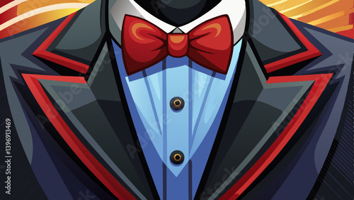A close-up of a black tuxedo with a bow tie.