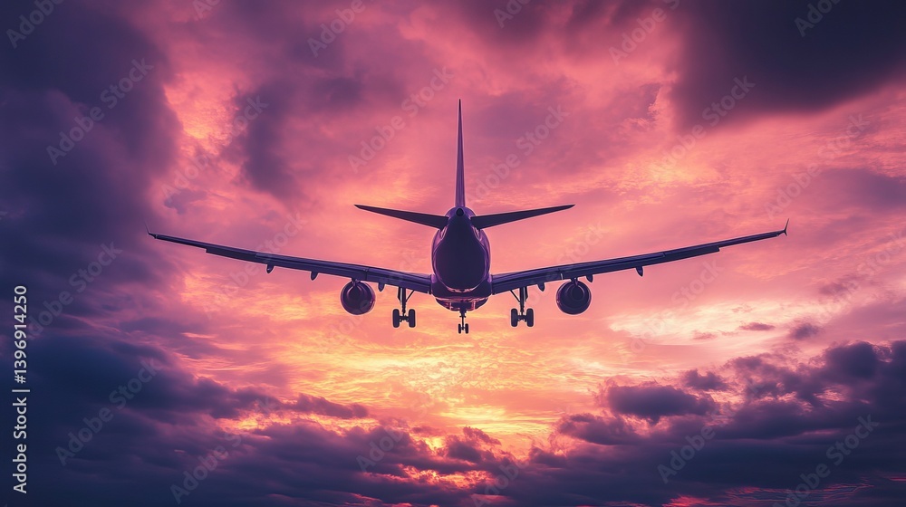 Airplane flying through a dramatic colorful sky at sunset with clouds and vibrant light Airplane flying through a dramatic colorful sky at sunset with clouds and vibrant light