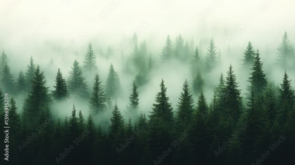 Misty Green Coniferous Forest Under Soft Light Misty Green Coniferous Forest Under Soft Light