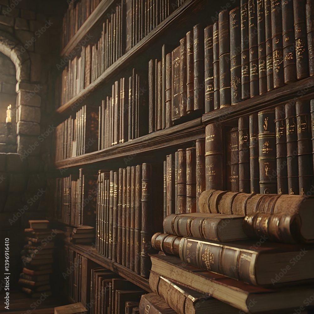 Dimly Lit Library with Antique Books and Scrolls, Generative AI Dimly Lit Library with Antique Books and Scrolls, Generative AI