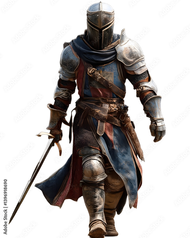 Medieval knight walking with sword on transparent background