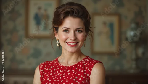 Obraz Elegant Woman in Red Polka Dot Dress, Vintage Setting
