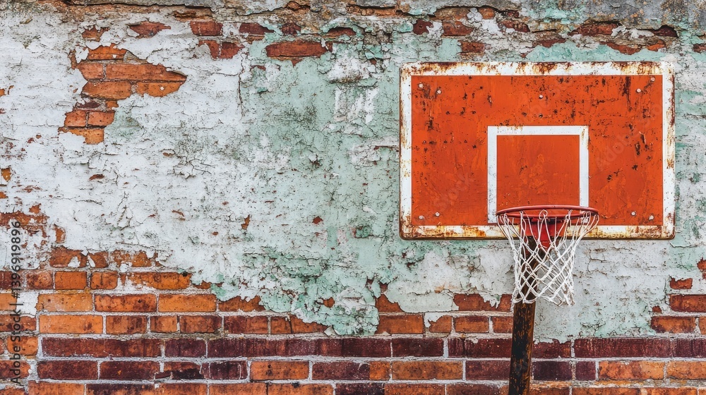 Naklejka premium Basketball backboard with peeling paint against a rustic brick wall background