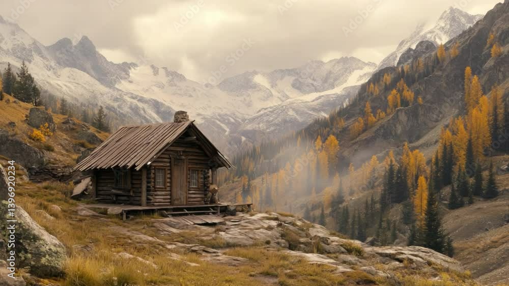 Serene Mountain Cabin in Autumn Landscape Surrounded by Majestic Peaks and Colorful Foliage under Dramatic Cloudy Sky Serene Mountain Cabin in Autumn Landscape Surrounded by Majestic Peaks and Colorful Foliage under Dramatic Cloudy Sky