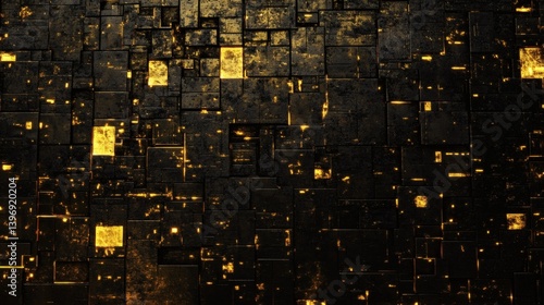 A detailed view of a dark, futuristic, glowing, blocky wall.