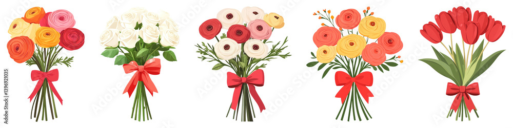 Fototapeta premium PNG Colorful floral bouquets with ribbons, element set on transparent background