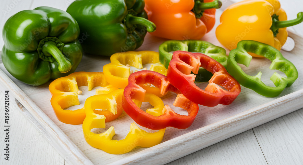 Vibrant bell peppers, sliced and whole, showcasing their rich colors and textures on a rustic white tray, a feast for the eyes. Vibrant bell peppers, sliced and whole, showcasing their rich colors and textures on a rustic white tray, a feast for the eyes.