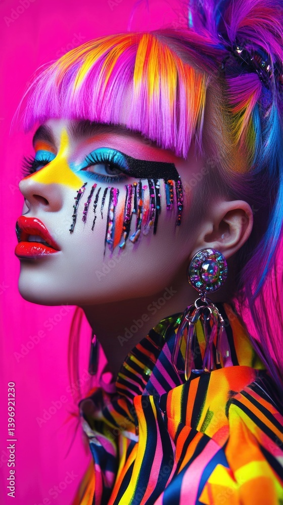 Fototapeta premium Woman with bright makeup and colorful hair. Extravagant creative art with graphic eyeliners for youth subculture or a carnival masked ball, creative bright design