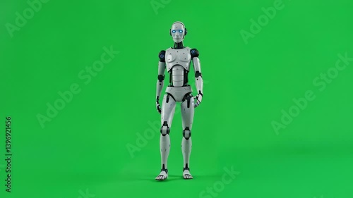 Walking humanoid robot on green screen background for chroma key and VFX use