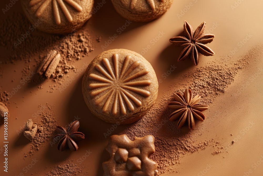 Delicious cookies and spices arranged on a textured brown surface Delicious cookies and spices arranged on a textured brown surface