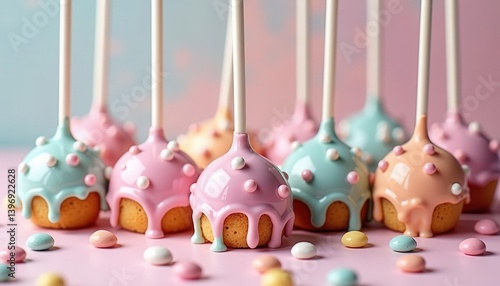 Colorful cake pops with pink and blue icing, decorated with sprinkles, on a pastel background. Sweet, delightful treats.
