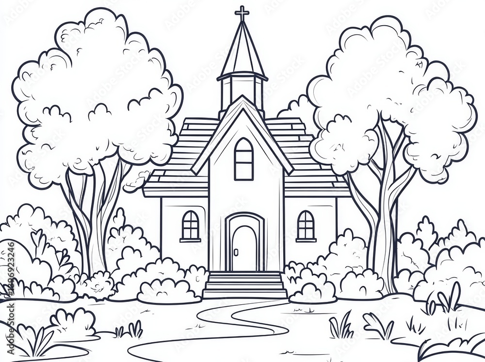 Fototapeta premium A church structure drawn manually, with silhouettes formed along one line