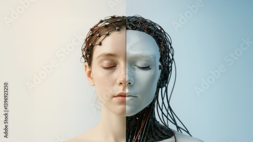 Half human, half robot face illustration blending technology and humanity.
