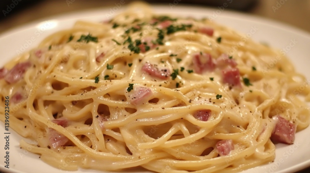 Carbonara arranged on a textured plate with a gentle drizzle of olive oil and herbs Carbonara arranged on a textured plate with a gentle drizzle of olive oil and herbs