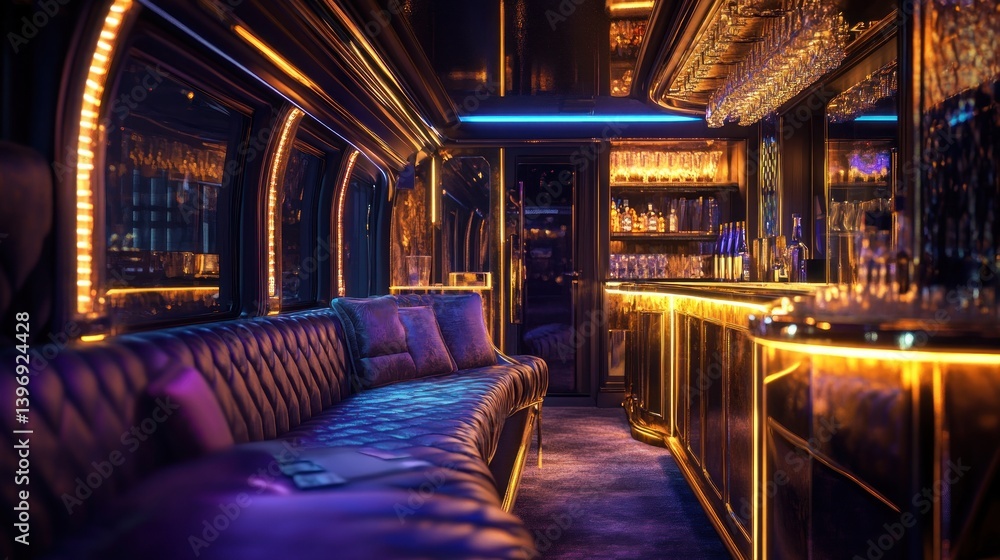 Luxury Party Bus Interior: Opulent Bar and Plush Seating Luxury Party Bus Interior: Opulent Bar and Plush Seating