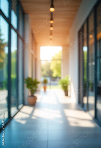 Obraz na płótnie Beautiful blurred background of a light modern office interior with panoramic of a well-lit modern office space devoid of people w salonie