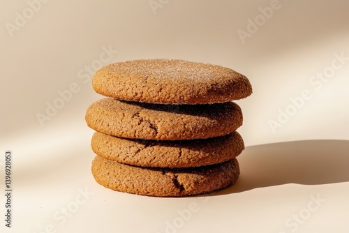 Stacked round cookies with granular sugar resting on a beige surface