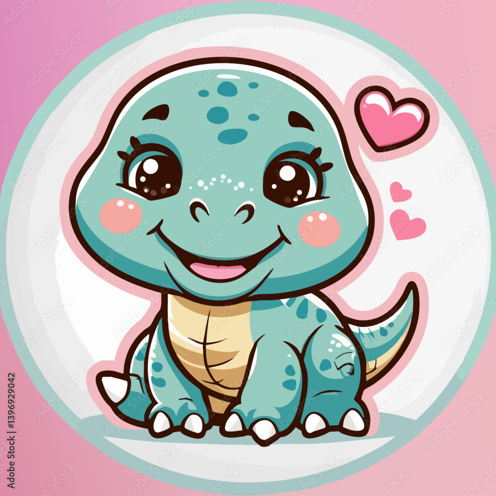 Obraz premium Smiling cute turquoise baby dinosaur with hearts on pink background