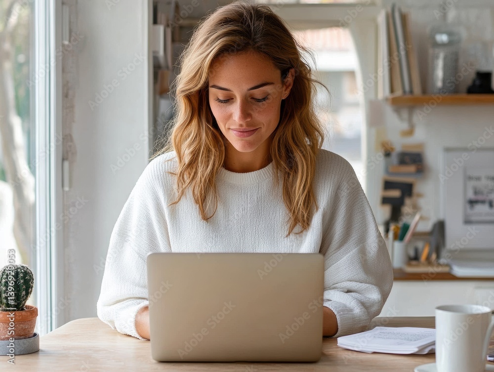 Focused blonde professional immersed in her work at a bright, cozy workspace during the morning hours Focused blonde professional immersed in her work at a bright, cozy workspace during the morning hours