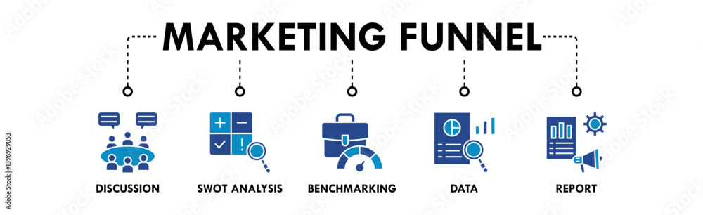 Marketing Funnel banner web icon vector illustration concept with icon of discussion, swot analysis, benchmarking, data, and report Marketing Funnel banner web icon vector illustration concept with icon of discussion, swot analysis, benchmarking, data, and report