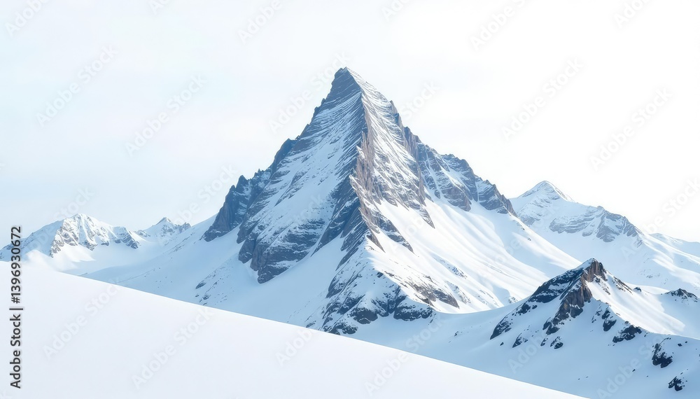 Fototapeta premium Snow-covered mountain peak against a stark white sky, photography, winter