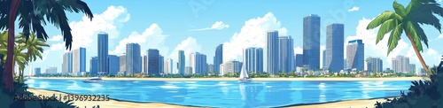 A vibrant coastal cityscape with towering buildings and lush palm trees.