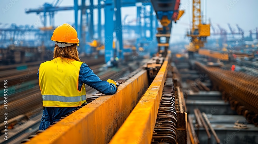 Worker observes steel beam construction Worker observes steel beam construction