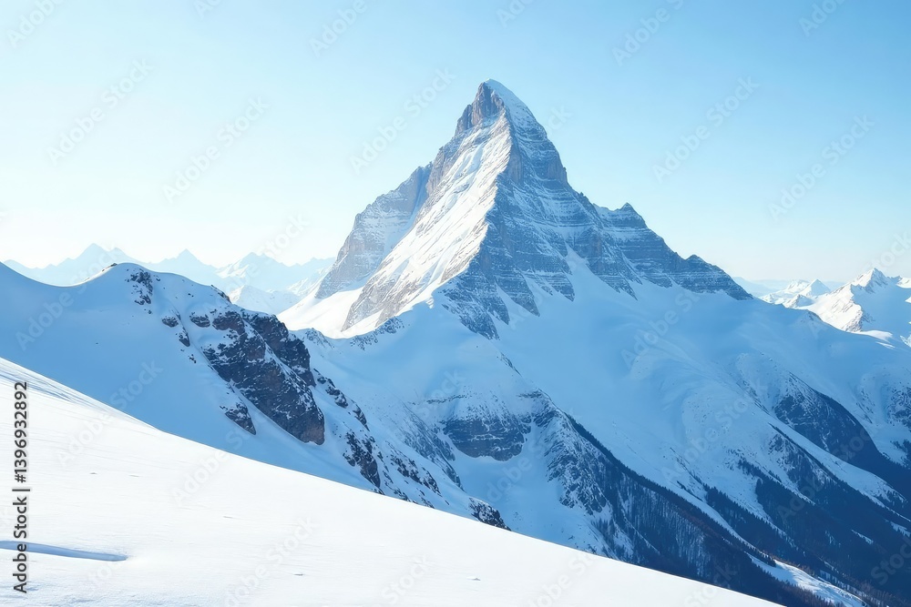 Obraz premium Snow-covered mountain peak, pristine white landscape, summit, sky, clean