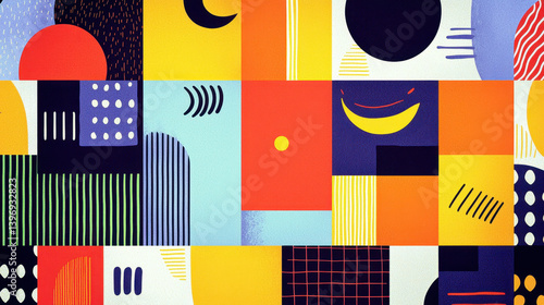 Free Download A Playful Vibrant Collage of Geometric Shapes and Fun Textures with Central Copy Space in Mid-Century Modern Design Style for Creative Projects - GFXLoad