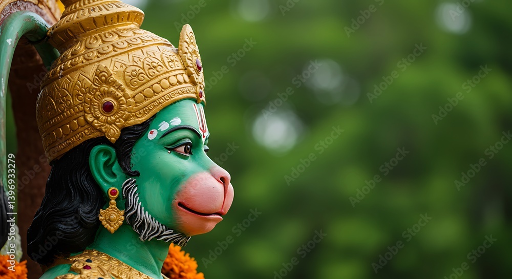 Hanuman deity close-up exhibiting the intricate details and vibrant colors Hanuman deity close-up exhibiting the intricate details and vibrant colors