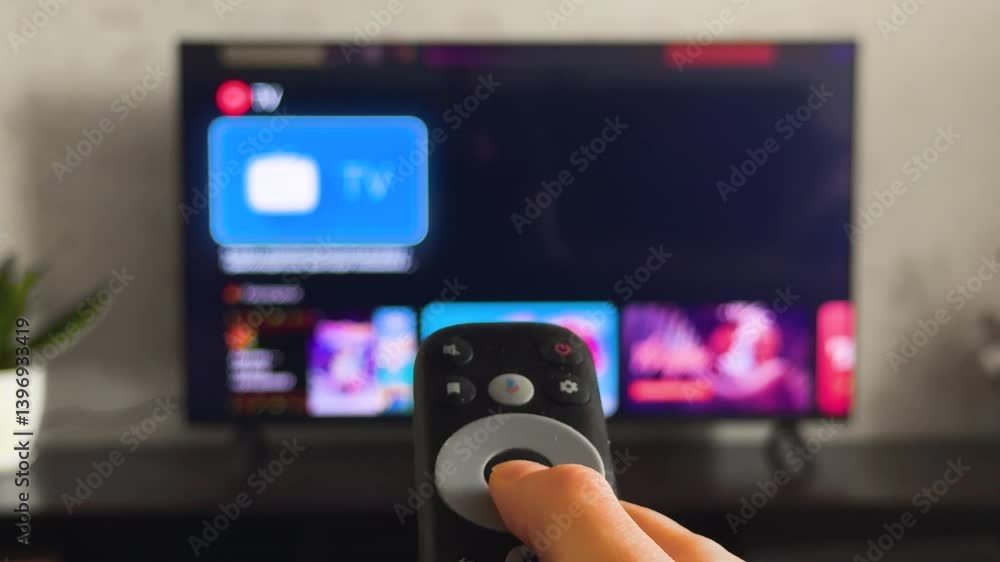 Person watch modern tv pov. Cozy living room large television displaying show, movie, film program. Woman hand holds remote control close up. Home entertainment. First point of view. Streaming service