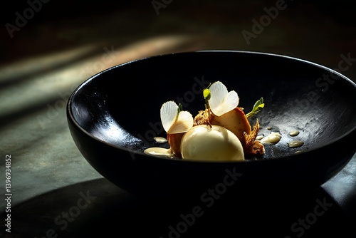 A gourmet dessert beautifully plated in a fine dining restaurant