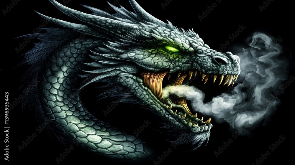 Obraz premium A massive medieval dragon with gleaming green eyes and flickering flames in a shadowy cave. A mythical creature. Concept art of the dragon's head in Gothic style. A 3D illustration of the game's
