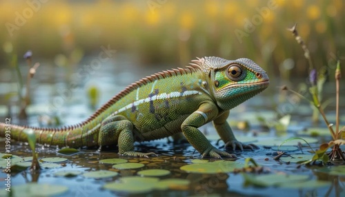 Wallpaper Mural Green Plumed Lizard in Marsh, Shallow Water, Aquatic Flora Torontodigital.ca