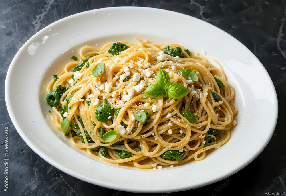 Creamy Spinach Feta Spaghetti a simple yet delicious pasta dish on a white plate