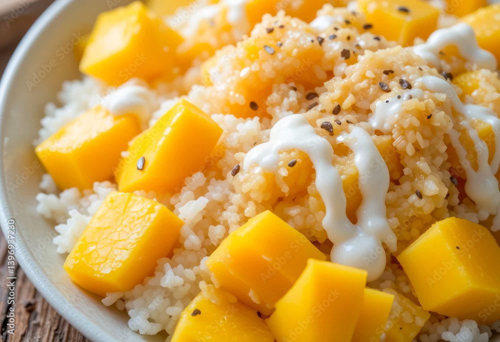 Sweet Mango Rice Dessert Creamy coconut milk juicy mango cubes fluffy rice Sweet Mango Rice Dessert Creamy coconut milk juicy mango cubes fluffy rice