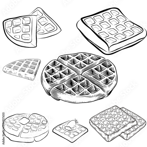 Detailed vector illustration of Belgian waffles in hand-drawn sketch style.