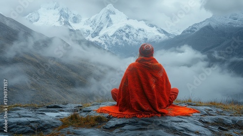 Person meditating in mountains