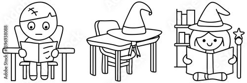 fun Halloween school scene features child reading, desk with witch hat, and another child in witch hat reading book