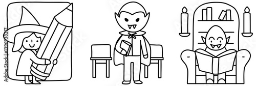 Cute Halloween themed illustrations show witch with giant pencil, vampire in cape, and cheerful vampire reading in cozy chair