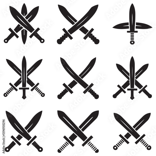 Sword icons set. Vector Black silhouettes Ancient swords signs and crossed pictograms. with white background