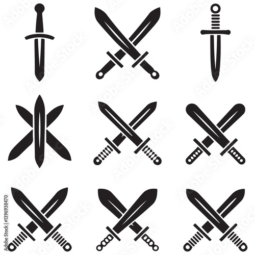 Sword icons set. Vector Black silhouettes Ancient swords signs and crossed pictograms. with white background