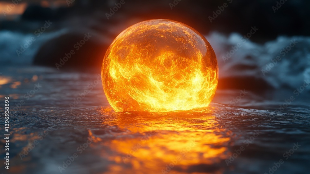 Glowing sphere sits atop water. Light reflects in ripples and on surface Glowing sphere sits atop water. Light reflects in ripples and on surface