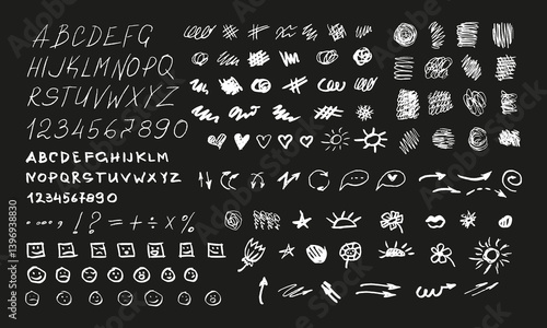 Handwritten letters, numbers, objects, emoticons and more. Doodles and squiggles. White on black. Vector set