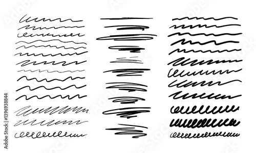 Thirty six hand drawn squiggly lines and underlines. Imitation of various artistic tools. Vector set