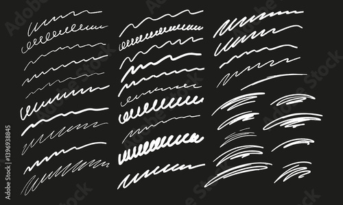Curved handwritten wavy lines and underlines. White doodles and squiggles on black background. Vector set